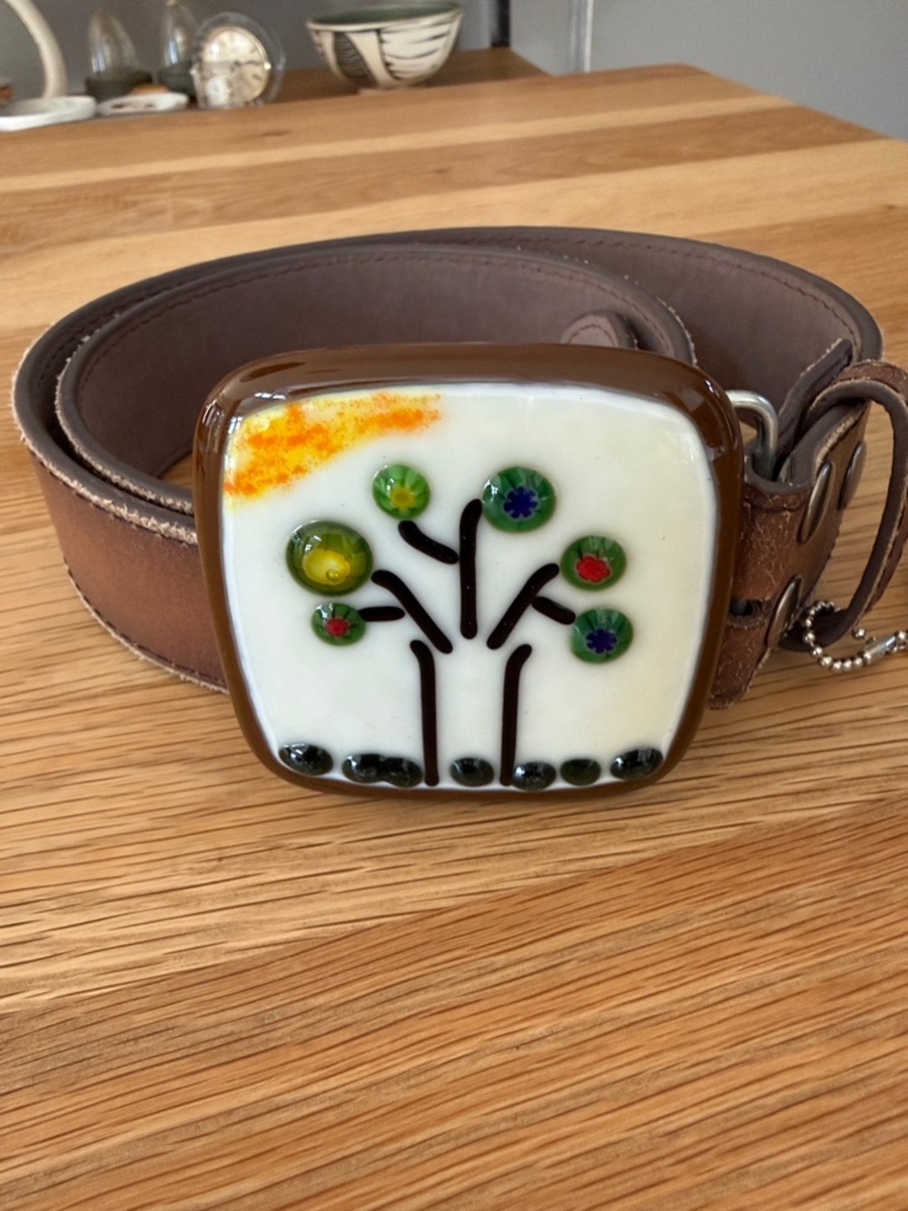 Fused Glass Belt Buckle Abstract Tree on White with Brown Leather Belt 1.5” wide